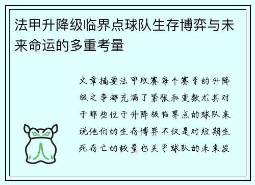 法甲升降级临界点球队生存博弈与未来命运的多重考量