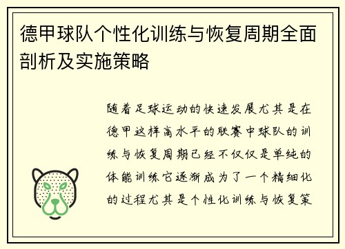 德甲球队个性化训练与恢复周期全面剖析及实施策略
